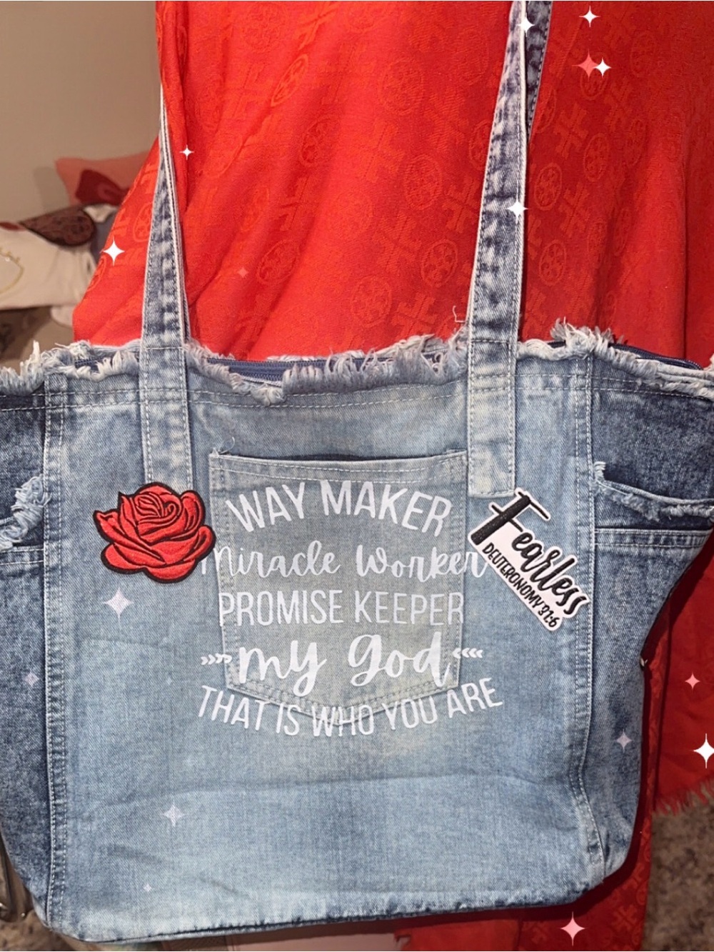 Faith Embroidered Denim Tote Bag - Blue - Picture 2 of 4